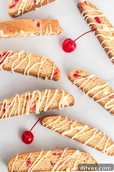 Amarena Cherry Biscotti 9 Cherry and white chocolate biscotti.
