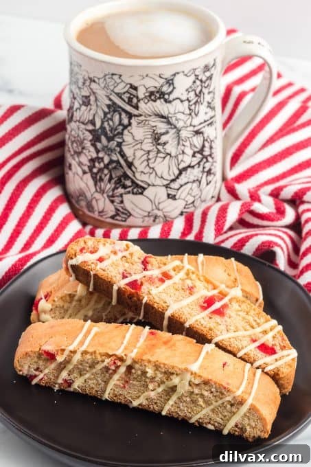 Amarena Cherry Biscotti 10 White Chocolate and cherry Italian cookies known as Biscotti.