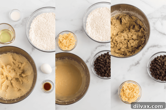 Crispy Salty Sweet Chocolate Chip Cookies 5 Step-by-step process photos showing the making of Chocolate Chip Potato Chip Cookies.