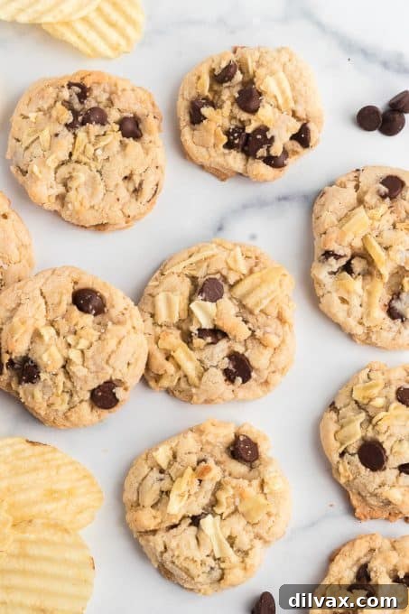 Crispy Salty Sweet Chocolate Chip Cookies 8 Close-up of baked chocolate and potato chip cookies, showing their texture and irresistible appeal.
