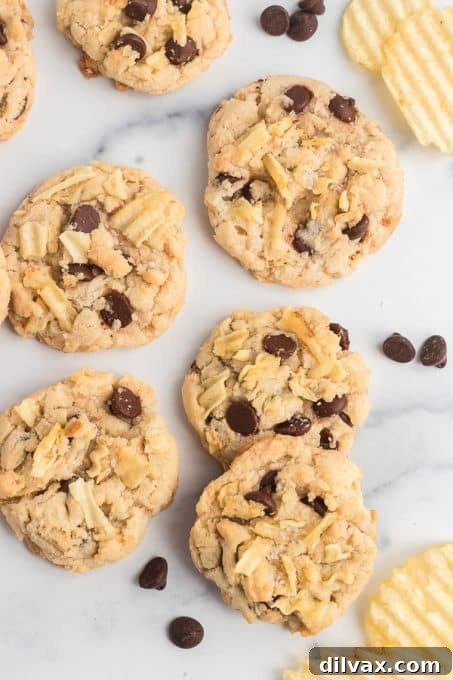 Crispy Salty Sweet Chocolate Chip Cookies 9 A final shot of the delectable chocolate chip cookies with potato chips, ready for serving.