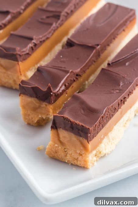 Golden Layered Indulgence 3 Close-up of Millionaire Shortbread, emphasizing the rich caramel and chocolate.