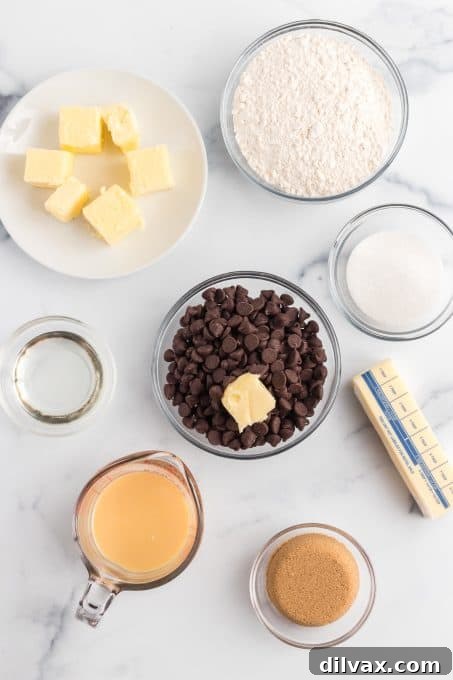 Golden Layered Indulgence 4 Ingredients laid out for making Millionaire Bars.