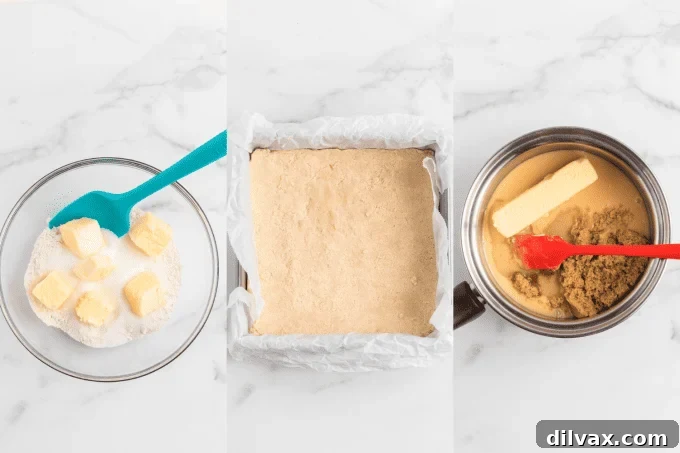 Golden Layered Indulgence 5 Step-by-step photos for making the shortbread base and caramel layer.