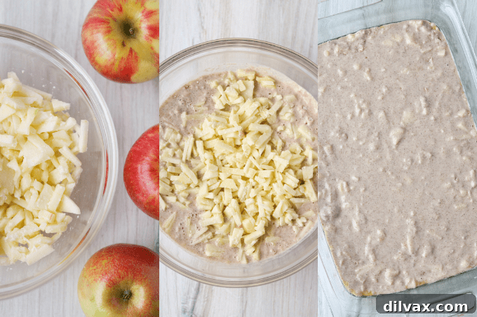 Process steps for Baked Apple Pancake: mixing dry ingredients, dicing apples, combining wet, mixing, and baking.