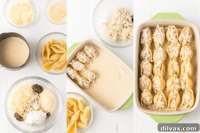 Process photos for Chicken Alfredo Stuffed Shells, showing stuffing and saucing steps.