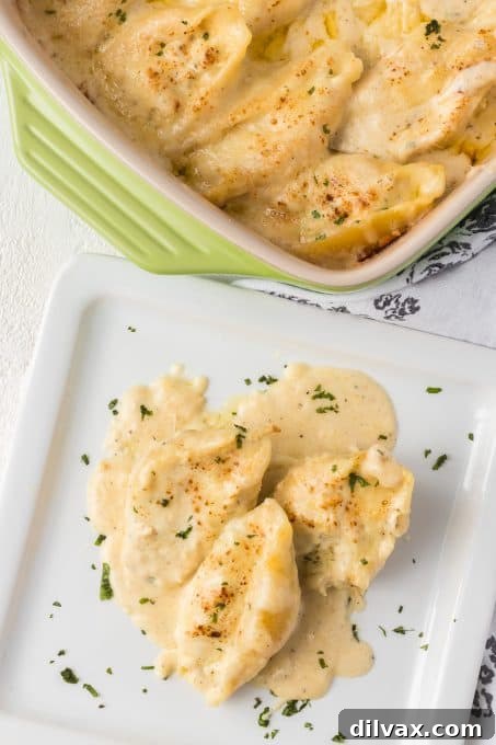 Stuffed chicken pasta shells and white sauce, close-up.