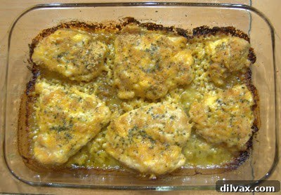 Crispy Cheddar Chicken Day 319 6 Cooked Crispy Cheddar Chicken, golden and slightly browned on top, fresh from the oven.