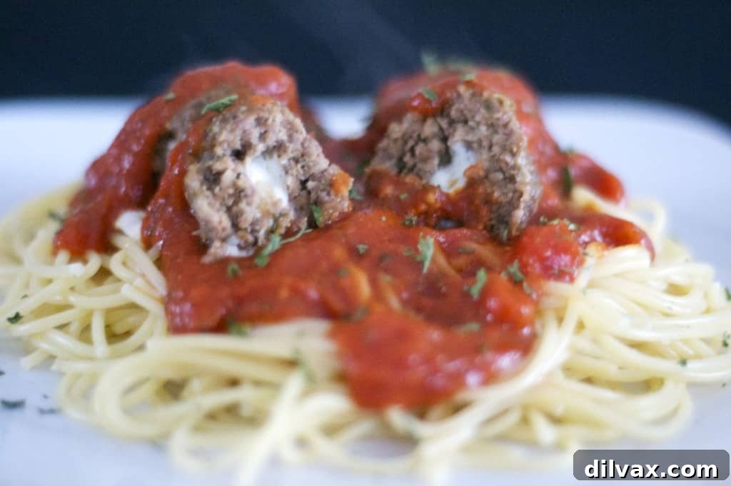 Delicious Mozzarella Stuffed Meatballs, perfectly browned and ready to be served