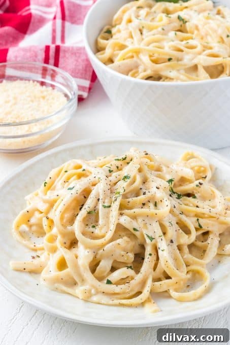 Velvety Garlic Alfredo Fettuccine 8 Plated Garlic Alfredo Fettuccine ready to be served