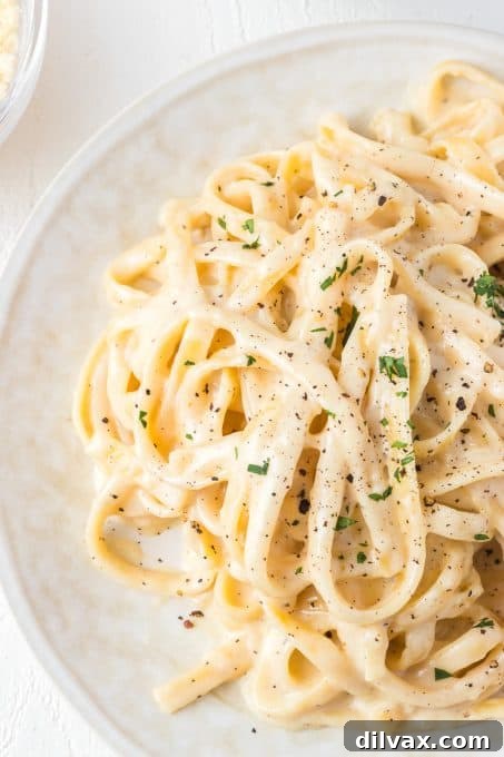 Velvety Garlic Alfredo Fettuccine 9 Close-up of pasta noodles coated in a rich, white, creamy garlic sauce
