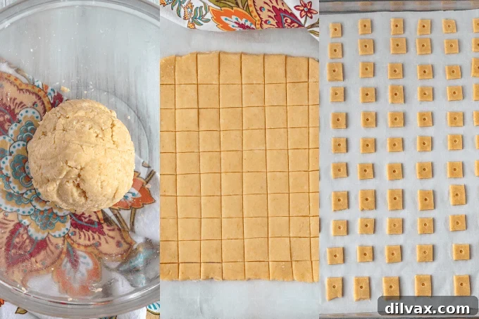 Handcrafted Cheesy Crisps 5 Various stages of making cheese crackers, showing ingredients being mixed, dough being rolled, and crackers being cut.