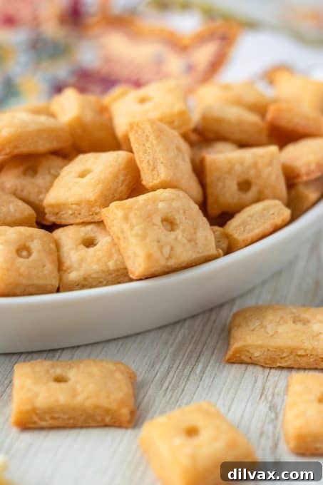 Handcrafted Cheesy Crisps 7 A large pile of freshly baked cheddar cheese crackers, ready to be served.