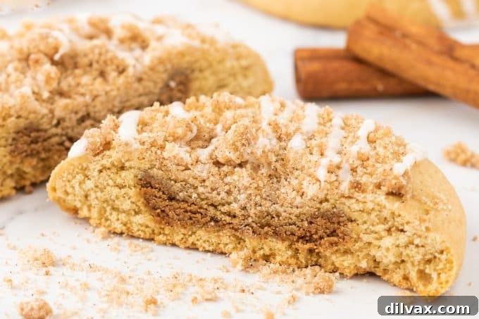 Cinnamon Streusel Cookies 2 Coffee Cake Cookies with a rich streusel topping and vanilla glaze, ready to be enjoyed.