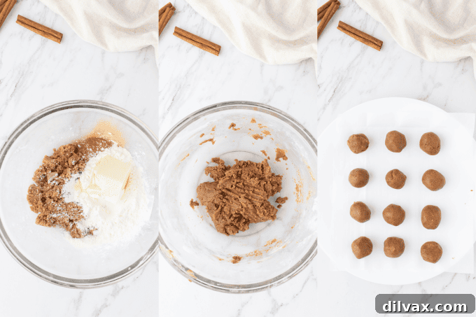 Cinnamon Streusel Cookies 5 Step-by-step process photos showing how to mix cinnamon filling and roll it into balls.