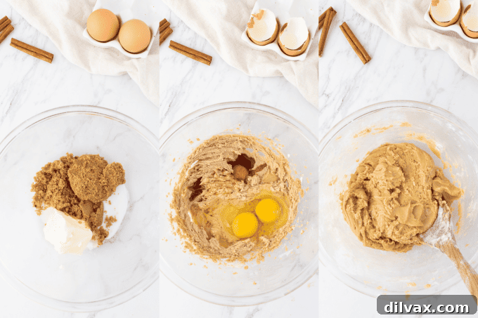 Cinnamon Streusel Cookies 6 Process photos showing how to scoop cookie dough, flatten it, and place cinnamon filling in the center.