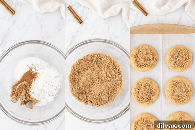 Cinnamon Streusel Cookies 7 Process photos showing how to add streusel topping to flattened cookie dough and bake.