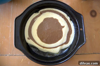 First pour of vanilla batter in the center of the cake pan