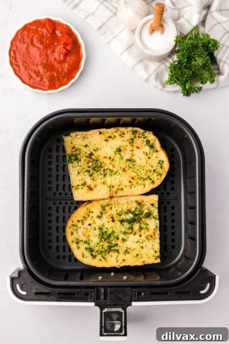 Lightning Fast Air Fryer Garlic Bread 7 Bread cooked in the air fryer.