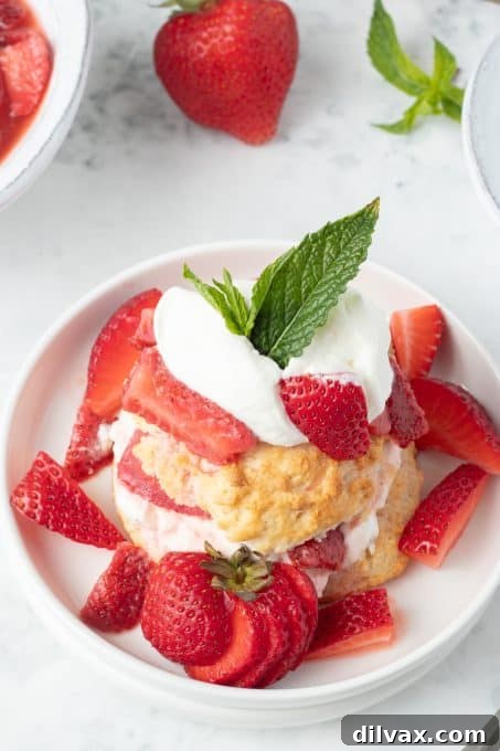 Berries and cream with a sliced shortcake, highlighting the layers.
