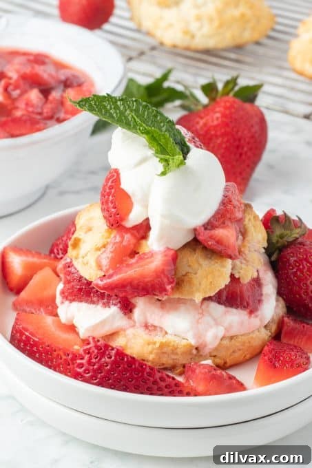 Freshly prepared Strawberry Shortcake served on a white plate