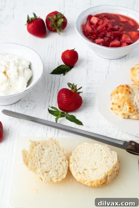 Slicing perfectly baked Bisquick shortcakes for assembly.