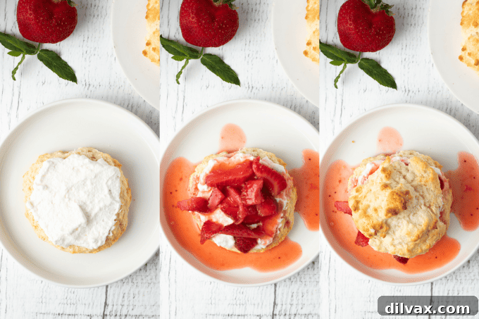 Process photos for making Strawberry Shortcake, showing layers of biscuit, cream, and berries.