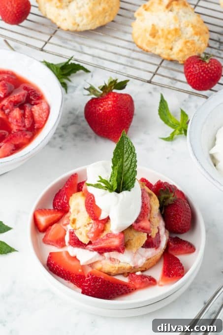 A beautifully arranged plate of strawberries, whipped cream, and homemade biscuits.