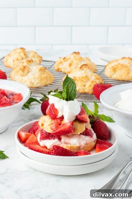 Whipped cream, strawberries and shortcakes for a fantastic summer dessert, close up.