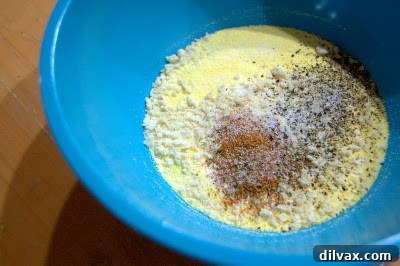 A bowl filled with a well-mixed blend of Panko breadcrumbs, cornmeal, and spices.