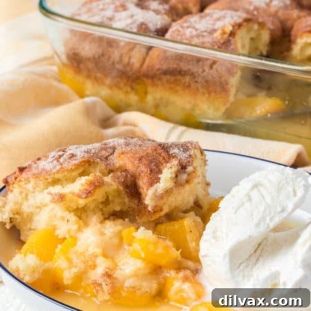 A scoop of cinnamon sugar cobbler with peaches.