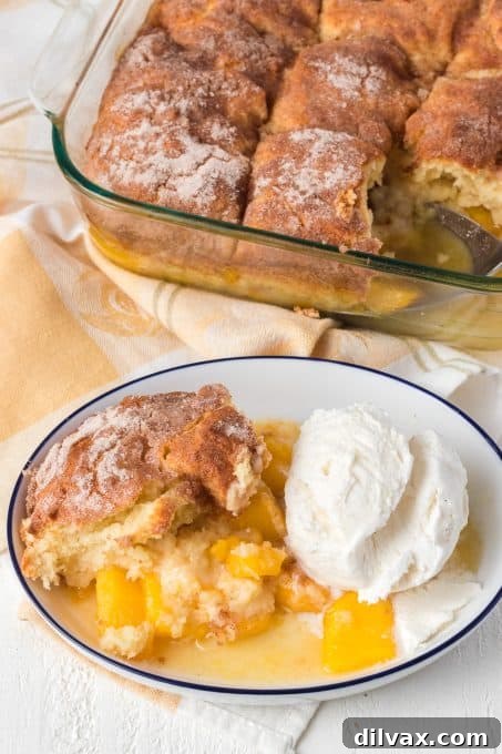 Effortless Golden Peach Cobbler 4 Golden peach cobbler generously sprinkled with cinnamon sugar