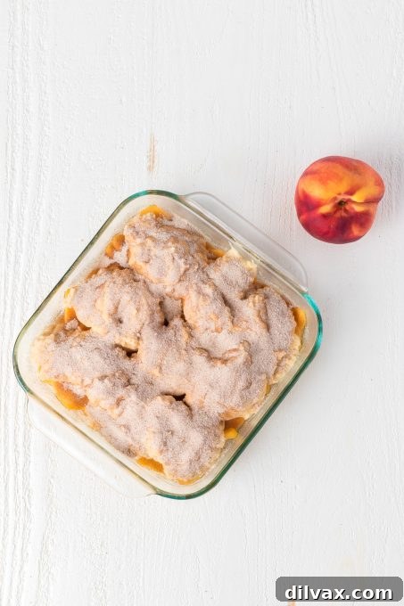 Effortless Golden Peach Cobbler 9 Close-up of cinnamon sugar generously sprinkled on top of the cobbler dough