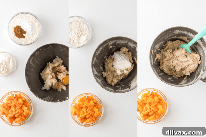 Sun-Kissed Peach Loaf 8 Step-by-step photos illustrating the initial stages of making Peach Bread, from mixing to adding peaches.