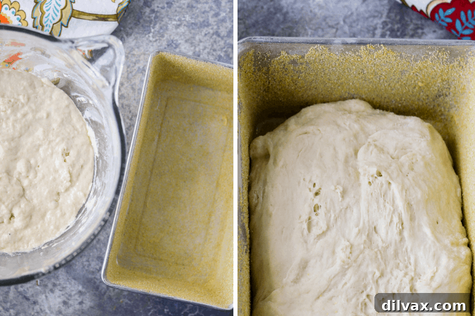 Nook and Cranny Loaf 5 A series of process photos illustrating the steps for making homemade English Muffin Bread, from mixing to baking.