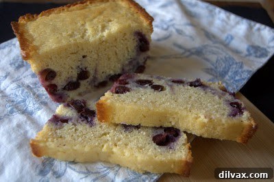 An example image showing blueberries that have sunk to the bottom of a baked loaf, illustrating the importance of flour coating.