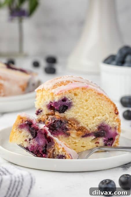 Close-up of a slice of homemade Blueberry Sour Cream Coffee Cake