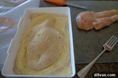 Savory Mustard Pecan Chicken 2 Chicken breasts coated in cornmeal and breadcrumb mixture, ready for baking.