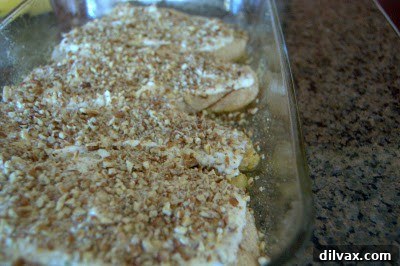 Savory Mustard Pecan Chicken 5 Chopped pecans sprinkled over the mayonnaise-coated chicken breasts.