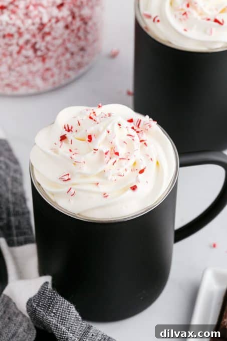 Crisp Mint Cocoa 6 Whipped cream and crushed candy canes on a mocha peppermint latte.