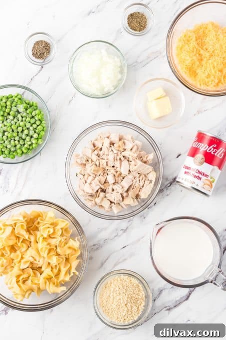 Comforting Turkey Noodle Bake 4 Fresh ingredients laid out for making Turkey Noodle Casserole
