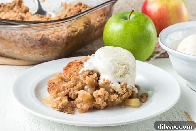Warm Spiced Apple Crumble 2 A warm, bubbling apple crisp dessert, golden brown and topped with a scoop of melting vanilla ice cream.