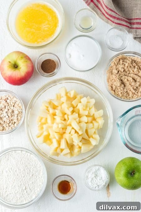 Warm Spiced Apple Crumble 4 A selection of fresh apples, cinnamon sticks, nutmeg, butter, and oats laid out as ingredients for an apple crisp.