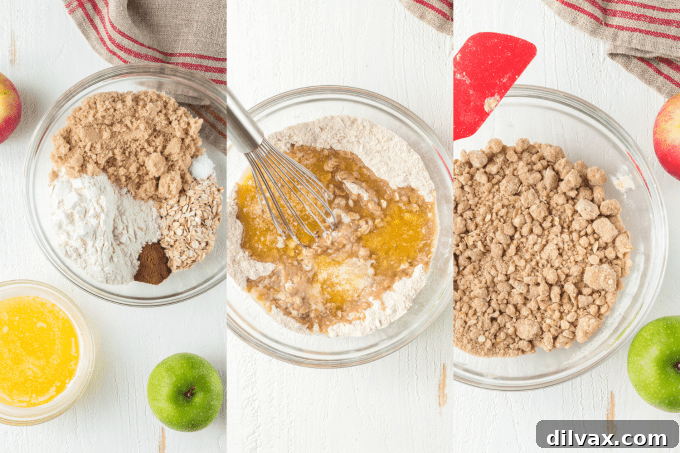 Warm Spiced Apple Crumble 5 Step-by-step process of mixing dry and wet ingredients for the oatmeal streusel topping of an apple crisp.