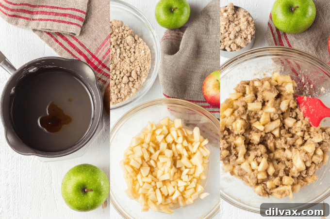 Warm Spiced Apple Crumble 6 The process of whisking cornstarch, sugar, and water in a saucepan to create a thick, clear sauce for the apple crisp filling.
