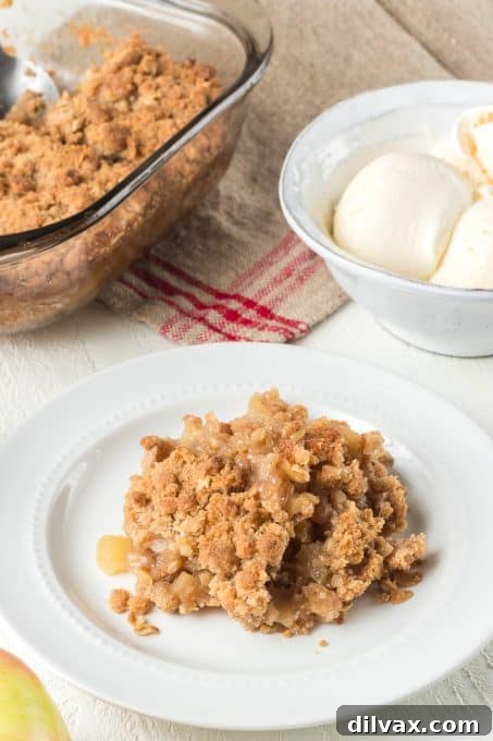 Warm Spiced Apple Crumble 8 A beautifully plated slice of apple crisp, showing the distinct layers of tender apples and crunchy streusel.