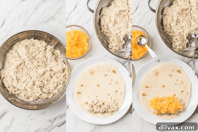 First set of process photos for Creamy Chicken Enchiladas assembly.