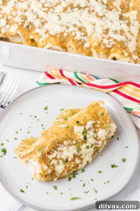 A cheesy chicken sauce wrapped and baked in a soft tortilla, sliced to show filling.