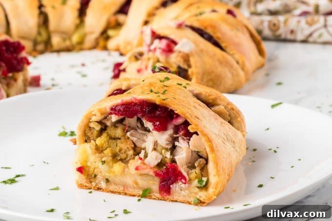 Turkey Crescent Ring, golden brown and filled with Thanksgiving leftovers.