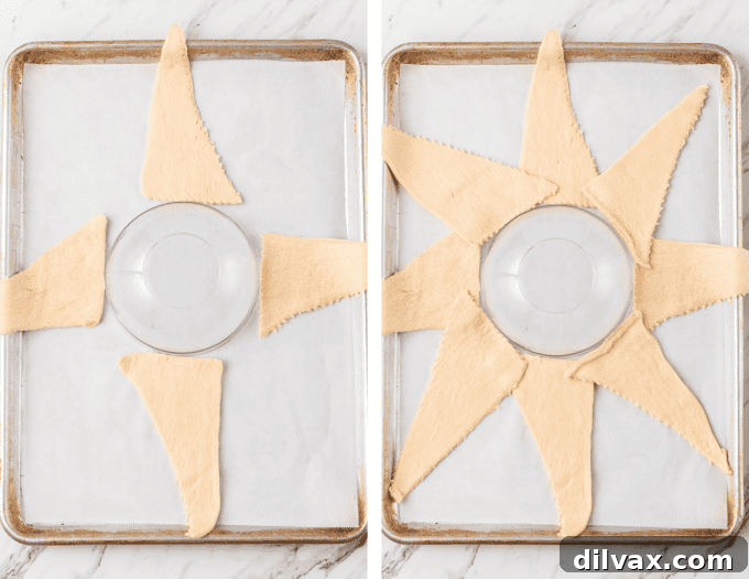 Process photos for preparing the crescent roll base for the Turkey Crescent Ring.